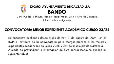Imagen Convocatoria para otorgar premios a los mejores expedientes académicos del curso 2023-2024 del municipio de Calzadilla.