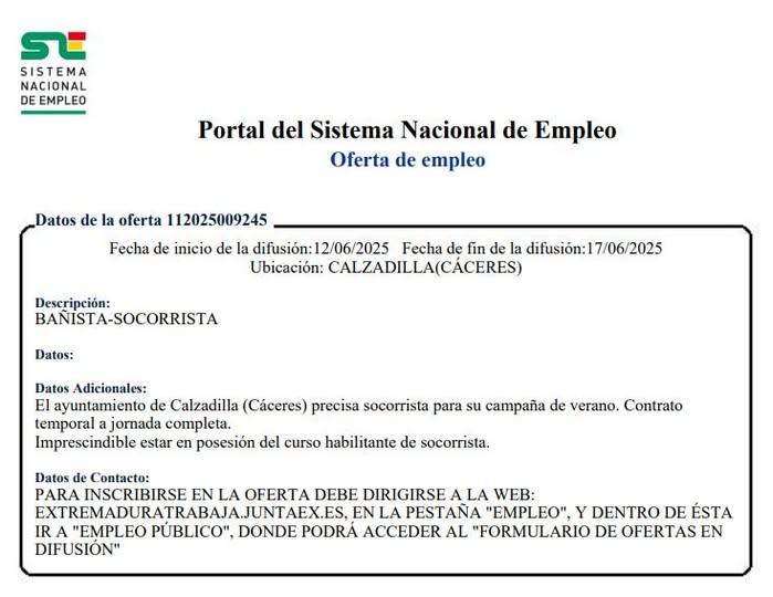 Imagen OFERTA DE EMPLEO SOCORRISTA.